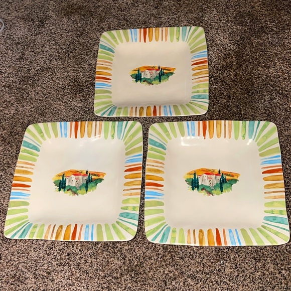 222 Fifth Tuscan Villa 10.5 in dinner plates Fine Porcelain China 3 pc square - Picture 1 of 5